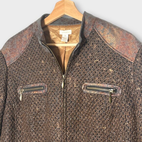 Chico's Metallic Jacket Sz 3 / XL Lined Full Zip Pockets Rustic Steampunk EUC - Picture 2 of 7